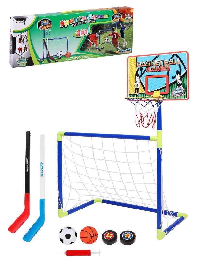 Набор 3 в 1 Футбол+Баскетбол+Хоккей, ворота 72*36*56 см., щит с кольцом, 2
мяча, 2 шайбы, 2 клюшки, насос