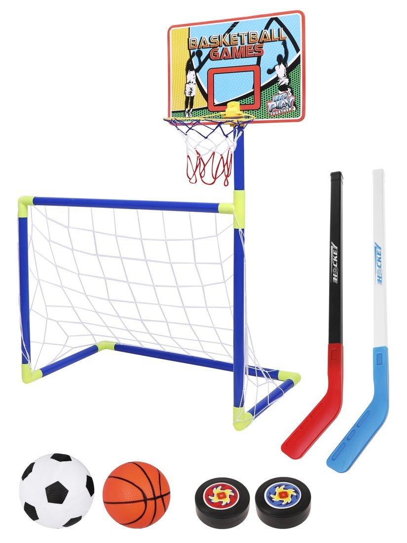 Набор 3 в 1 Футбол+Баскетбол+Хоккей, ворота 72*36*56 см., щит с кольцом, 2
мяча, 2 шайбы, 2 клюшки, насос