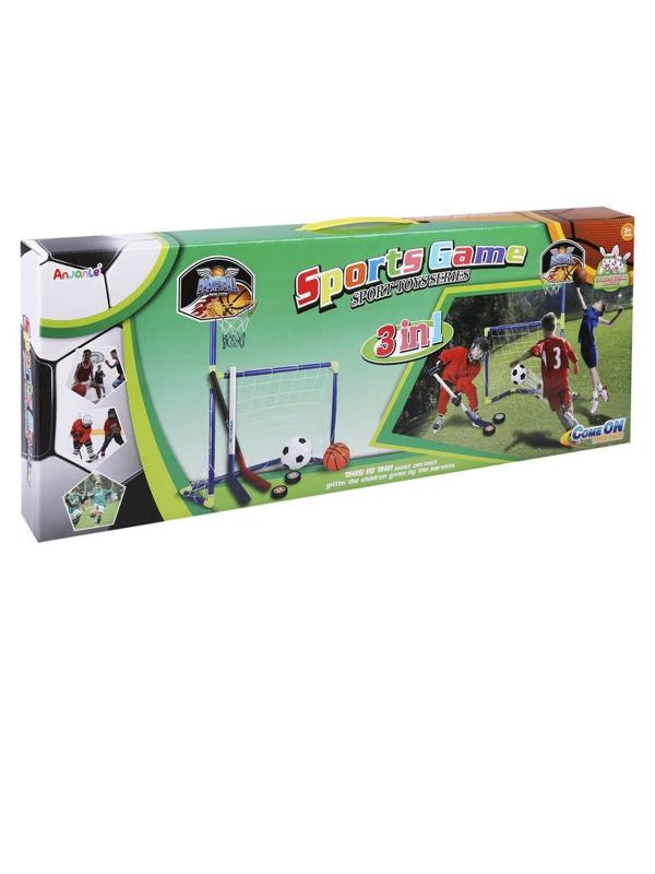Набор 3 в 1 Футбол+Баскетбол+Хоккей, ворота 72*36*56 см., щит с кольцом, 2
мяча, 2 шайбы, 2 клюшки, насос