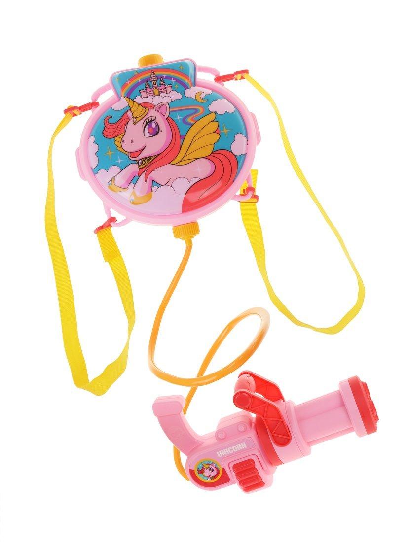 Набор бластер водяной-рюкзак Единорог, ранец 21х23х5 см., пистолет 20х11х6
см., трубка, ремешки, крышки