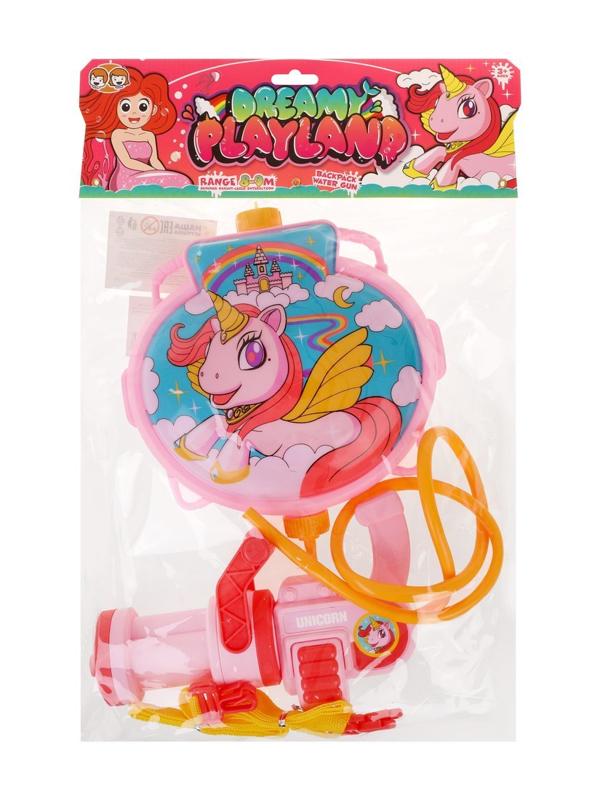 Набор бластер водяной-рюкзак Единорог, ранец 21х23х5 см., пистолет 20х11х6
см., трубка, ремешки, крышки