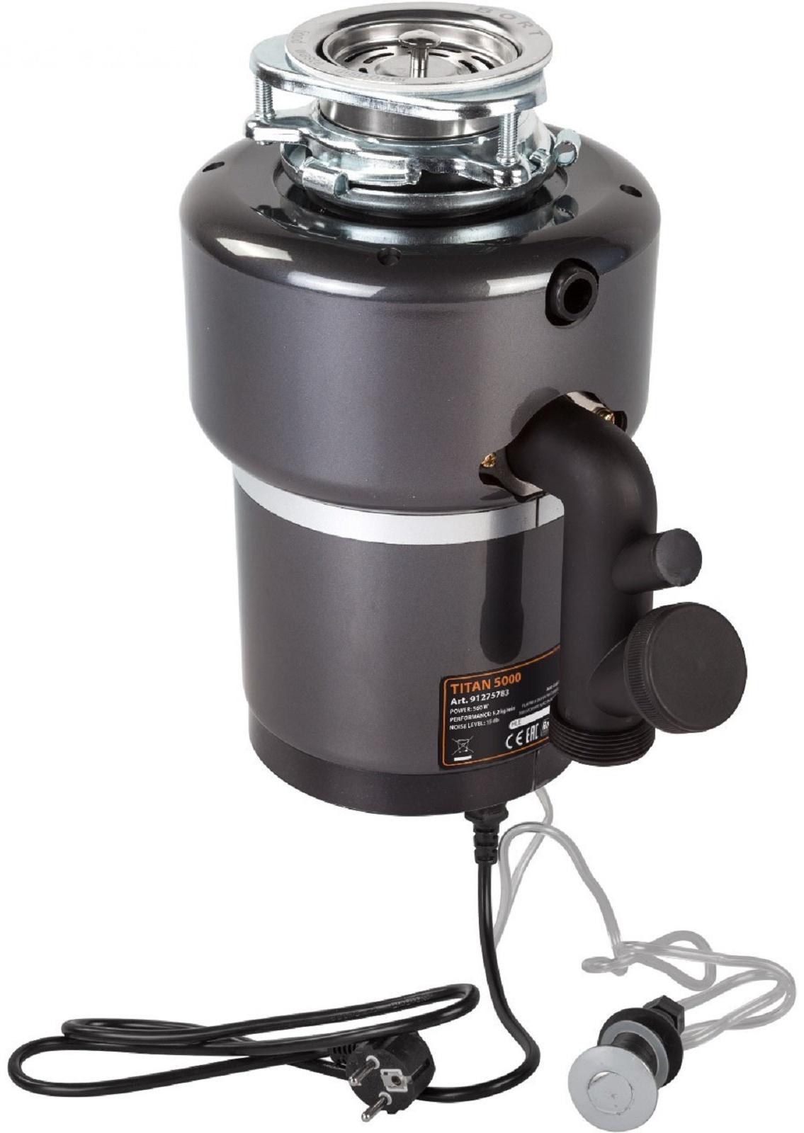 Измельчитель пищевых отходов Bort TITAN 5000, 560 Вт, 3 ступени, 5.2 кг/мин, 90 мм, чёрный