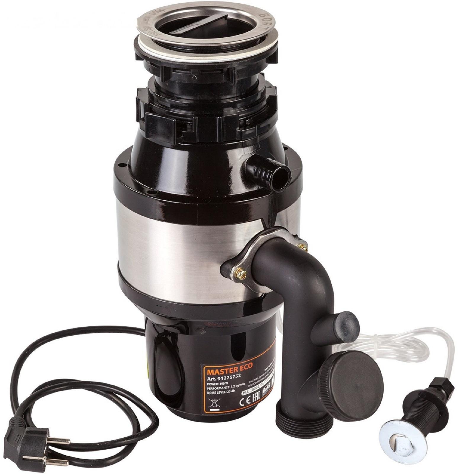 Измельчитель пищевых отходов Bort MASTER ECO, 390 Вт, 2 ступени, 3.2 кг/мин, 90 мм, чёрный