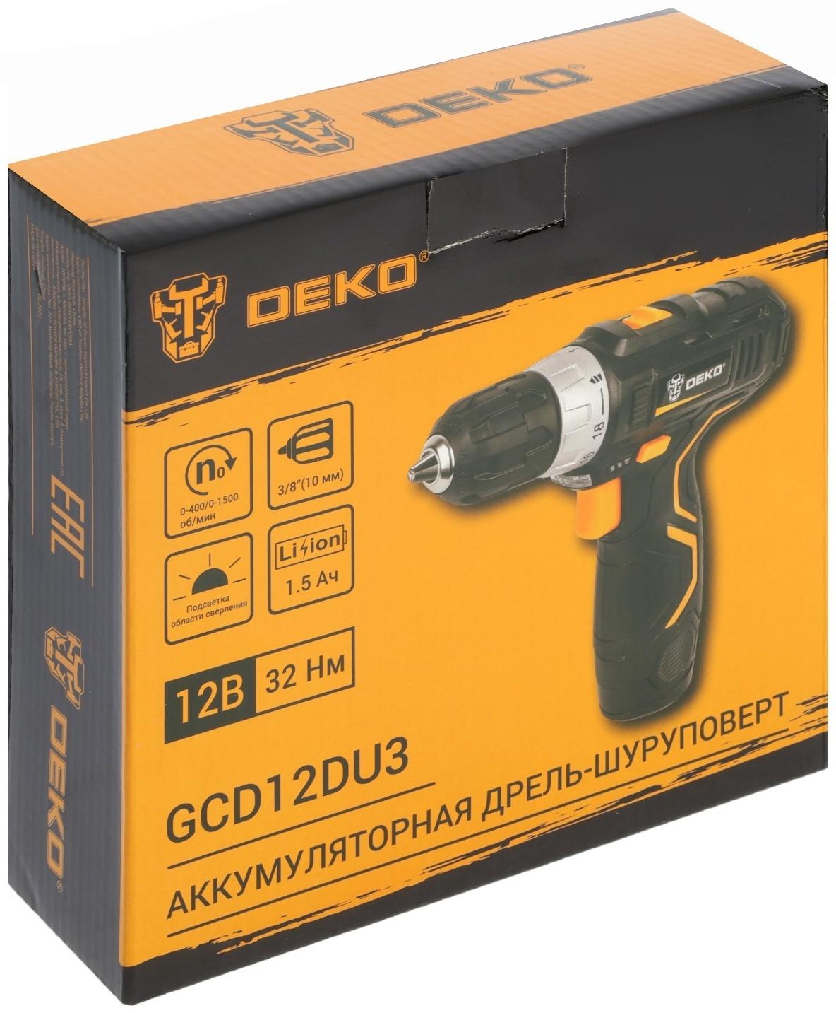 Дрель аккумуляторная Deko GCD12DU3 063-4096, 12 В, 1.5 Нм, АКБ, d 10-32 мм, 2 скорости