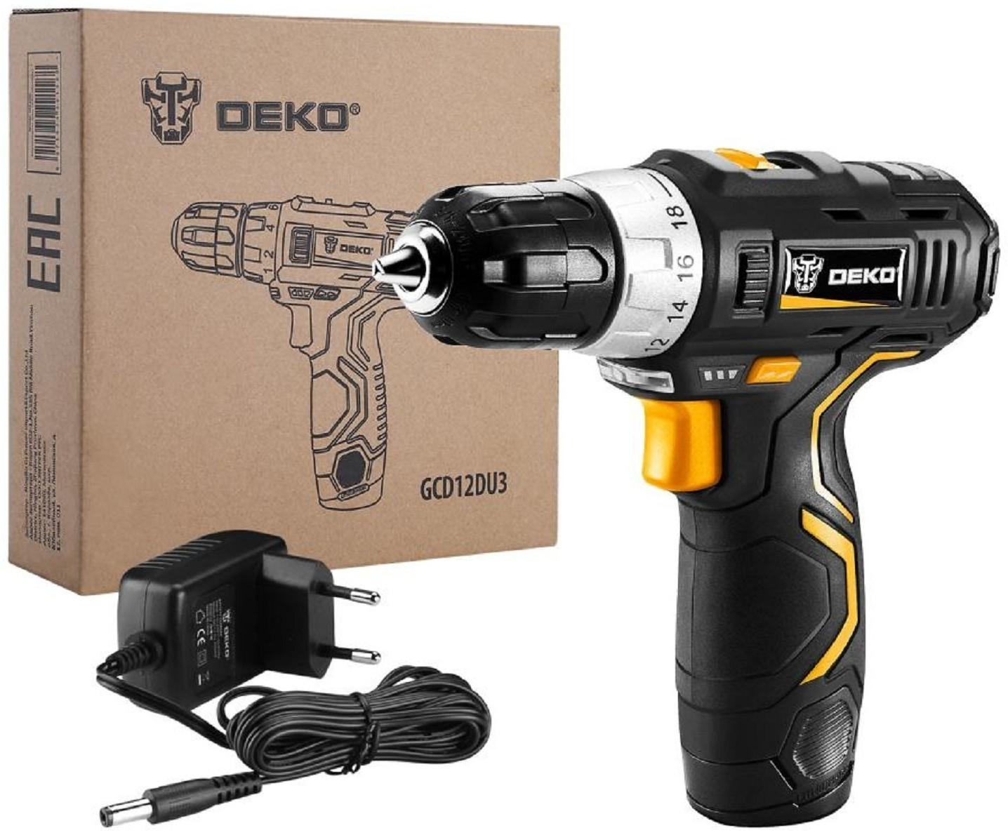 Дрель аккумуляторная Deko GCD12DU3 063-4096, 12 В, 1.5 Нм, АКБ, d 10-32 мм, 2 скорости