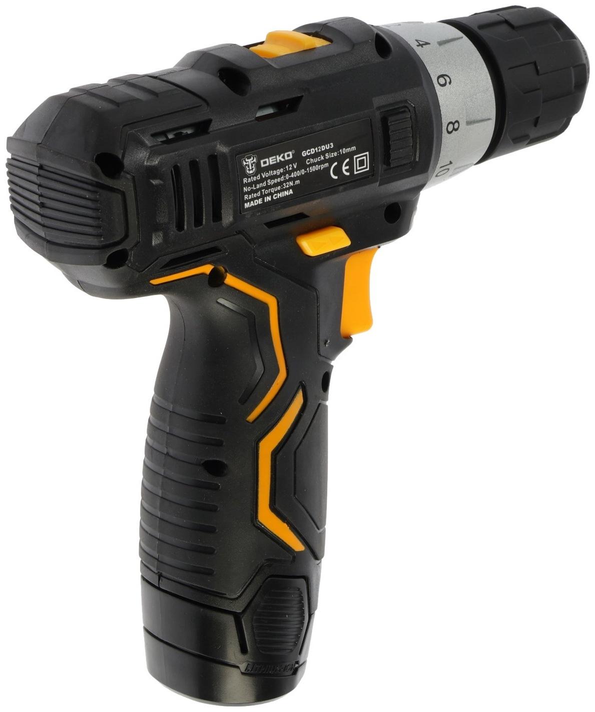 Дрель аккумуляторная Deko GCD12DU3 063-4096, 12 В, 1.5 Нм, АКБ, d 10-32 мм, 2 скорости
