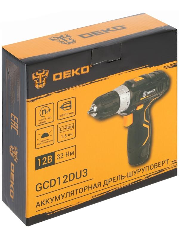Дрель аккумуляторная Deko GCD12DU3 063-4096, 12 В, 1.5 Нм, АКБ, d 10-32 мм, 2 скорости