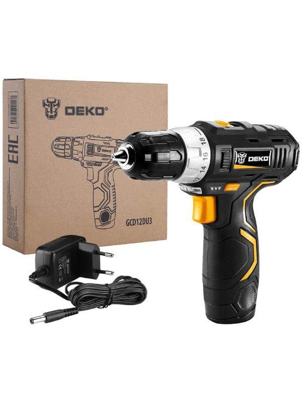 Дрель аккумуляторная Deko GCD12DU3 063-4096, 12 В, 1.5 Нм, АКБ, d 10-32 мм, 2 скорости