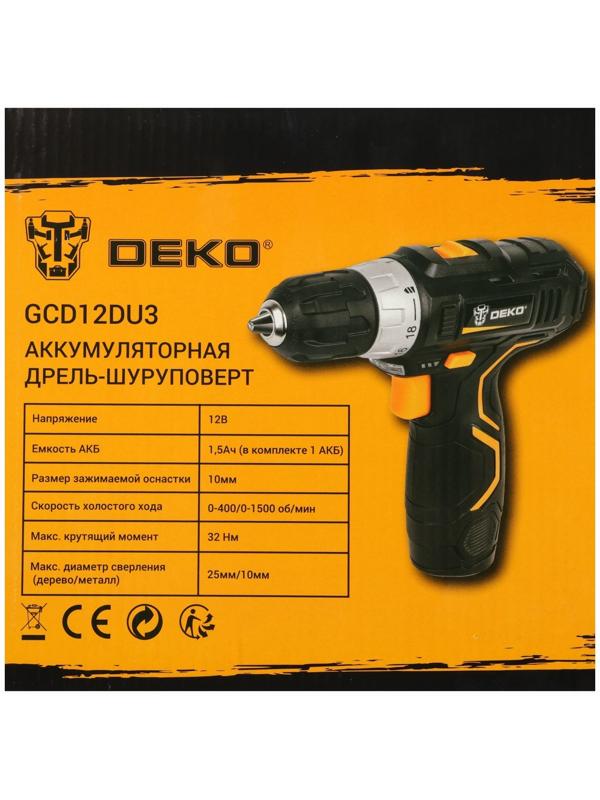 Дрель аккумуляторная Deko GCD12DU3 063-4096, 12 В, 1.5 Нм, АКБ, d 10-32 мм, 2 скорости