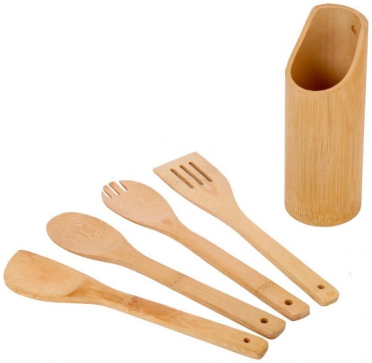 Набор кухонных принадлежностей HILDY, 4 шт, с подставкой, бамбук