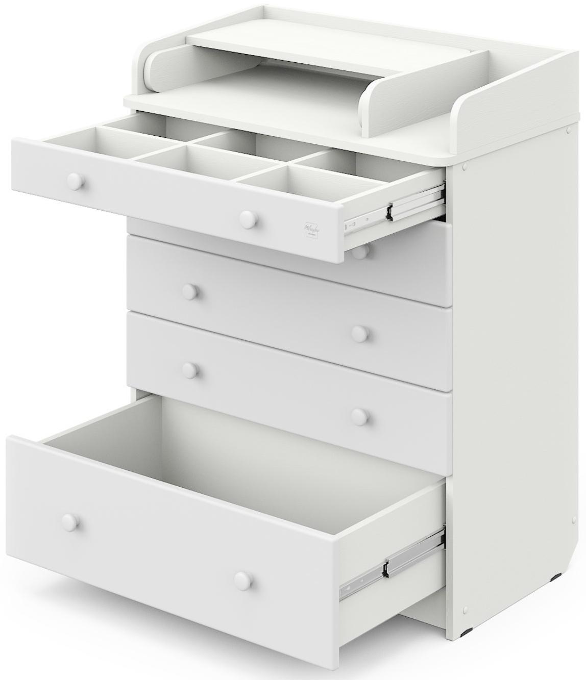 Комод детский с пеленальным столиком «Maks», 5 выдвижных ящика, шариковые направляющие, цвет белый премиум