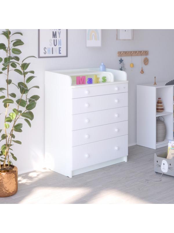 Комод детский с пеленальным столиком «Maks», 5 выдвижных ящика, шариковые направляющие, цвет белый премиум