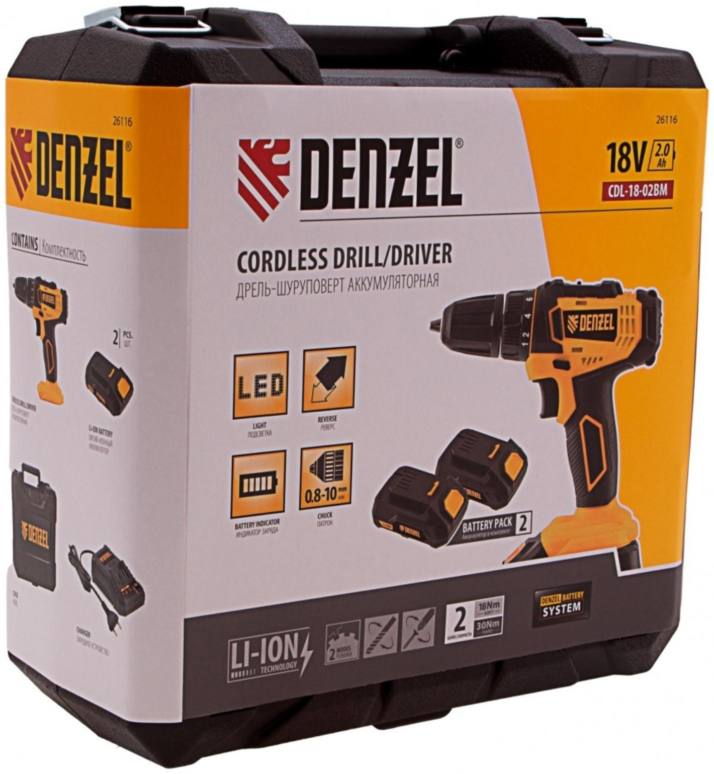 Дрель-шуруповерт Denzel 26116, аккумуляторная CDL-18-02BM, Li-Ion, 18 В, 2 акк.