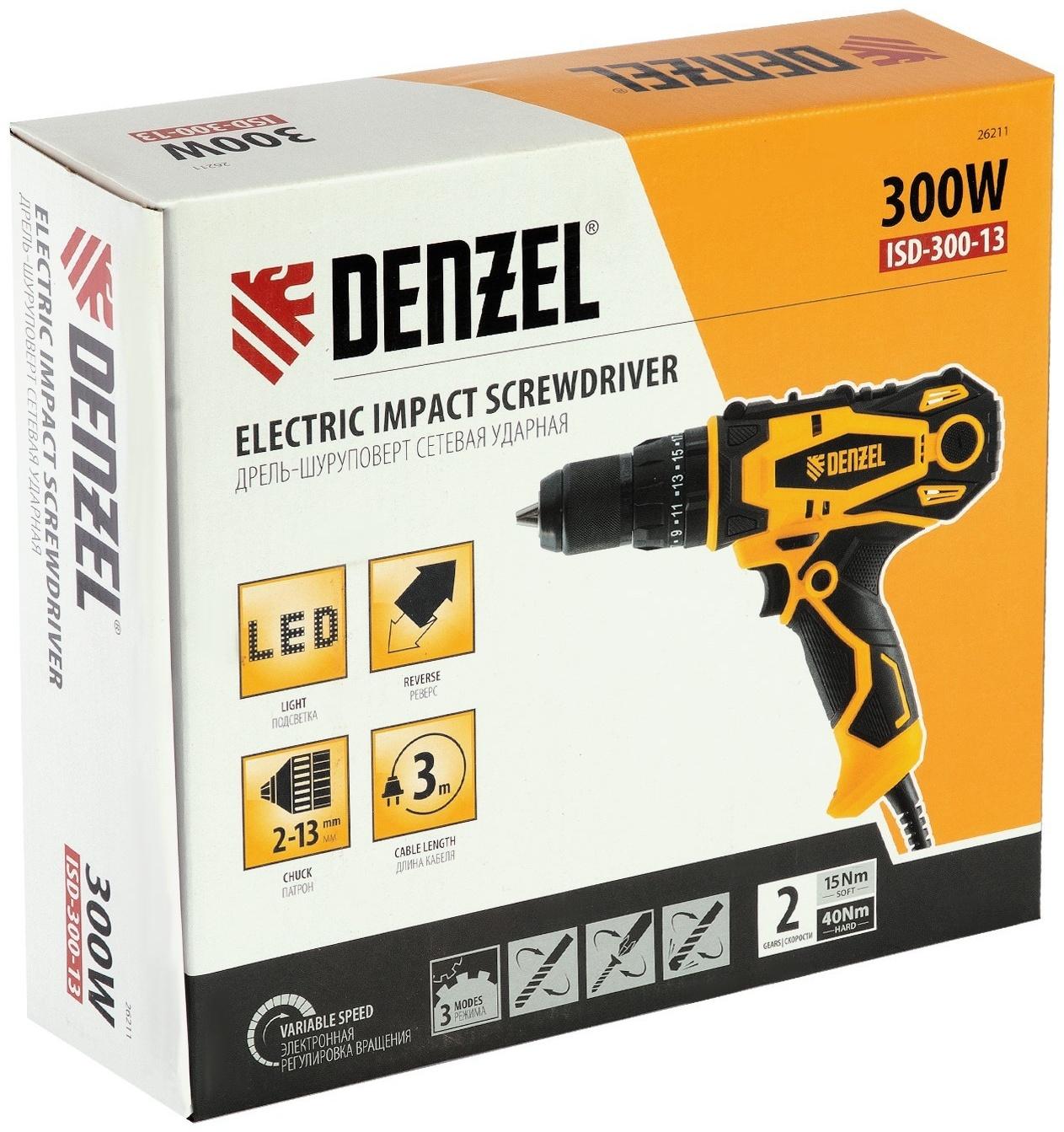 Дрель-шуруповерт сетевая ударная DENZEL ISD-300-13 26211, Li-Ion, 18 В, 400 - 1600 об/мин