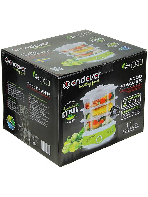 Пароварка Endever Vita-171, электрическая, 1000 Вт, 11 л, 3 яруса, бело-зеленая