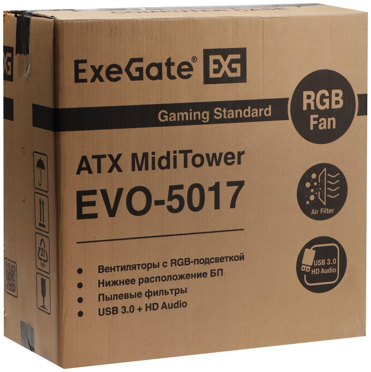 Корпус ExeGate Miditower EVO-5017, без БП, ATX, 1хUSB 2.0, 1хUSB 3.0, подсветка, чёрный