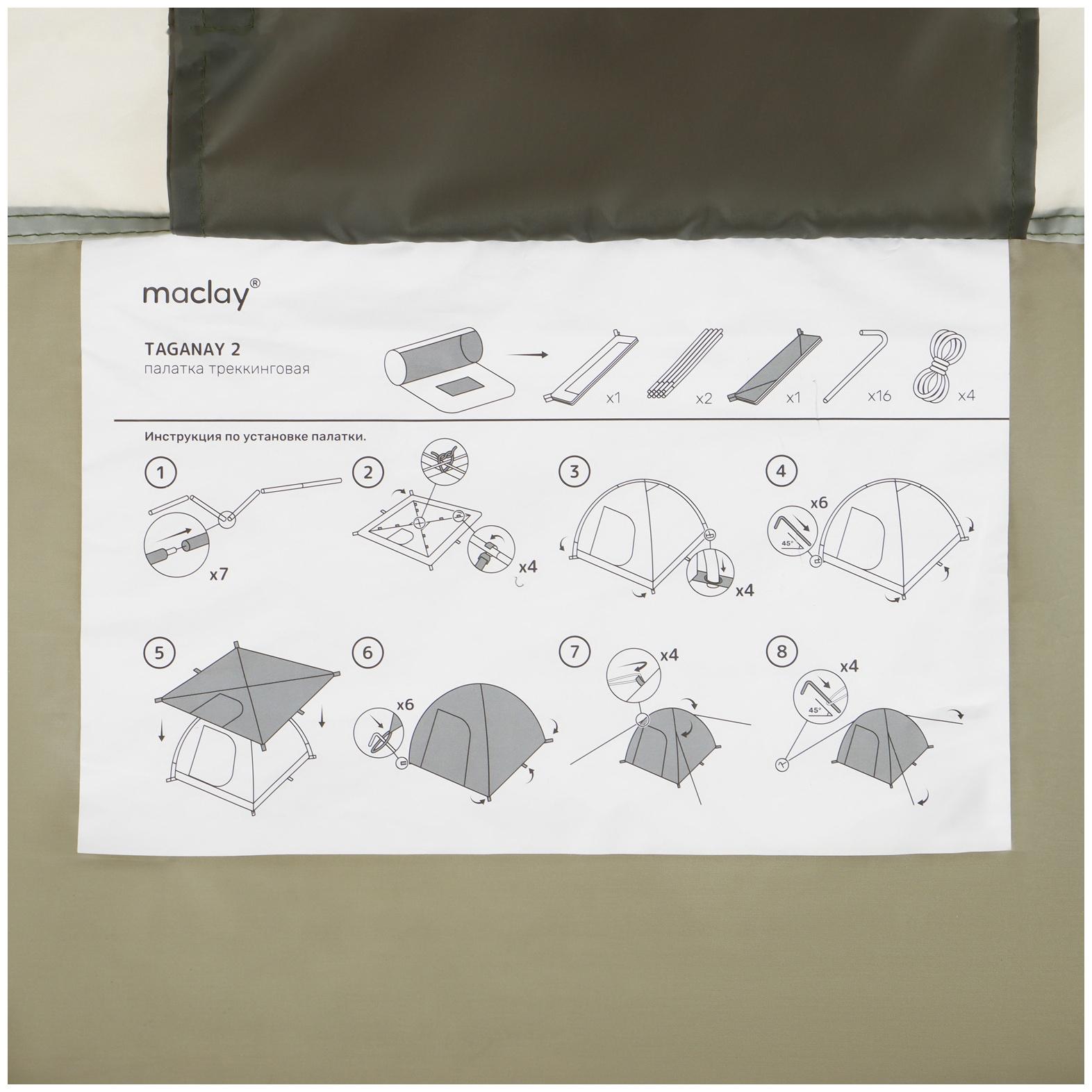 Палатка трекинговая maclay TAGANAY 2, 205х140х120 см, 2-местная