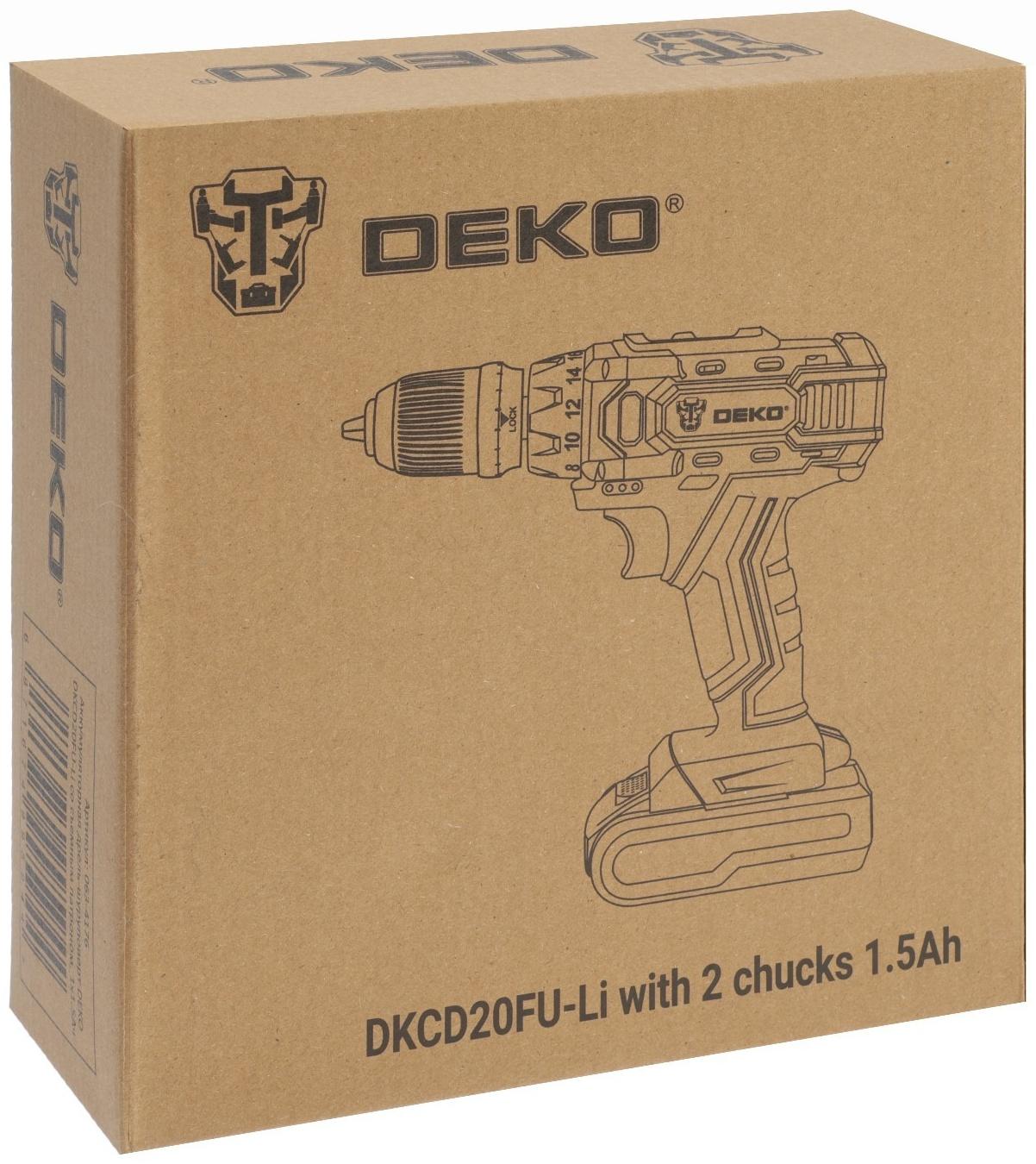 Дрель-шуруповерт DEKO DKCD20FU-Li, со съемным патроном, 20 В, 1.5 Ач, 42 Нм, 2 скорости