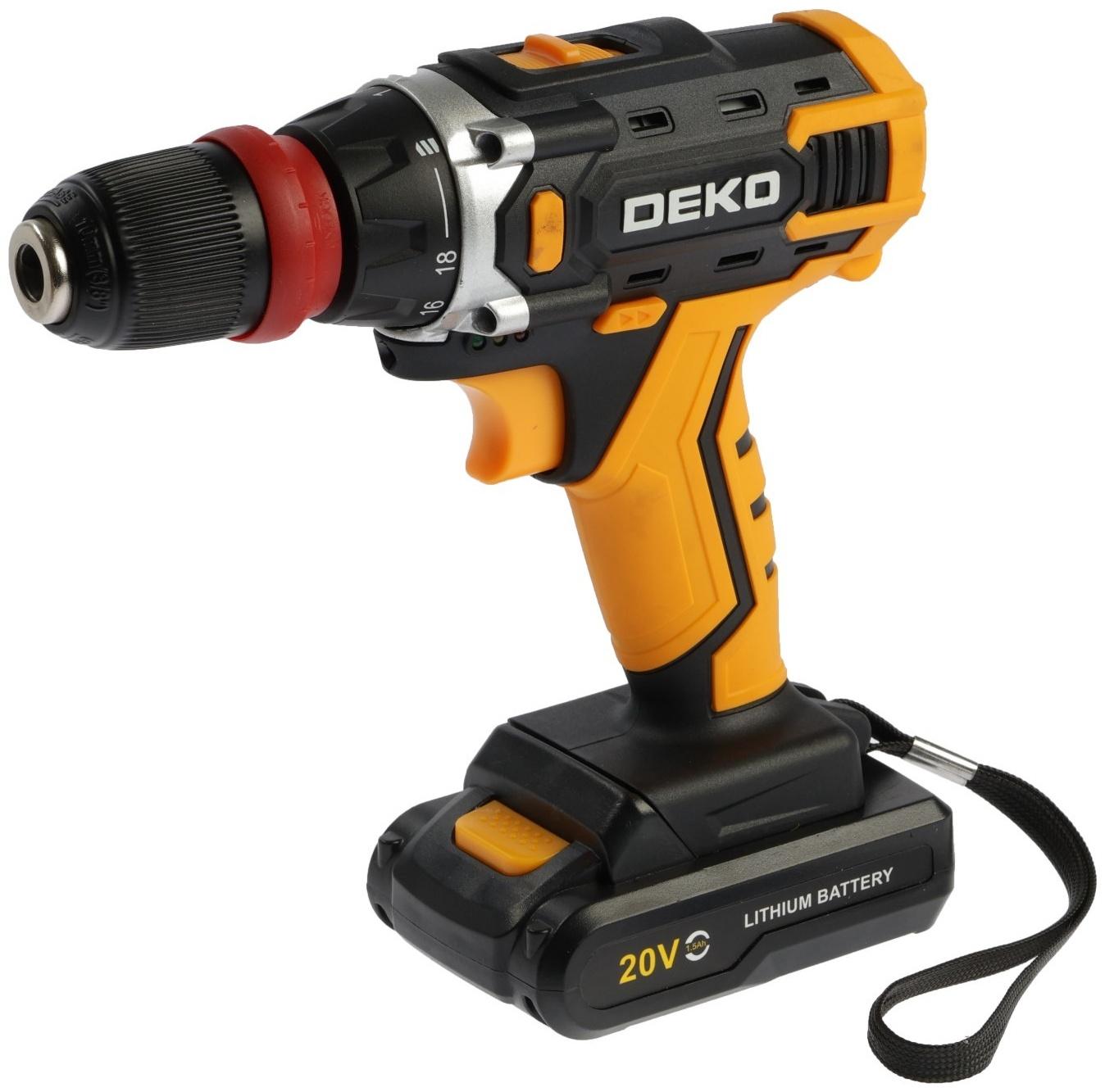 Дрель-шуруповерт DEKO DKCD20FU-Li, со съемным патроном, 20 В, 1.5 Ач, 42 Нм, 2 скорости