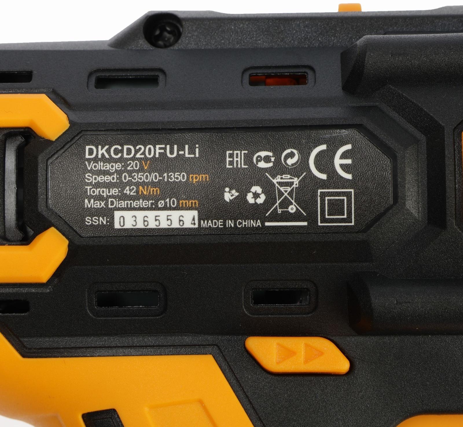 Дрель-шуруповерт DEKO DKCD20FU-Li, со съемным патроном, 20 В, 1.5 Ач, 42 Нм, 2 скорости