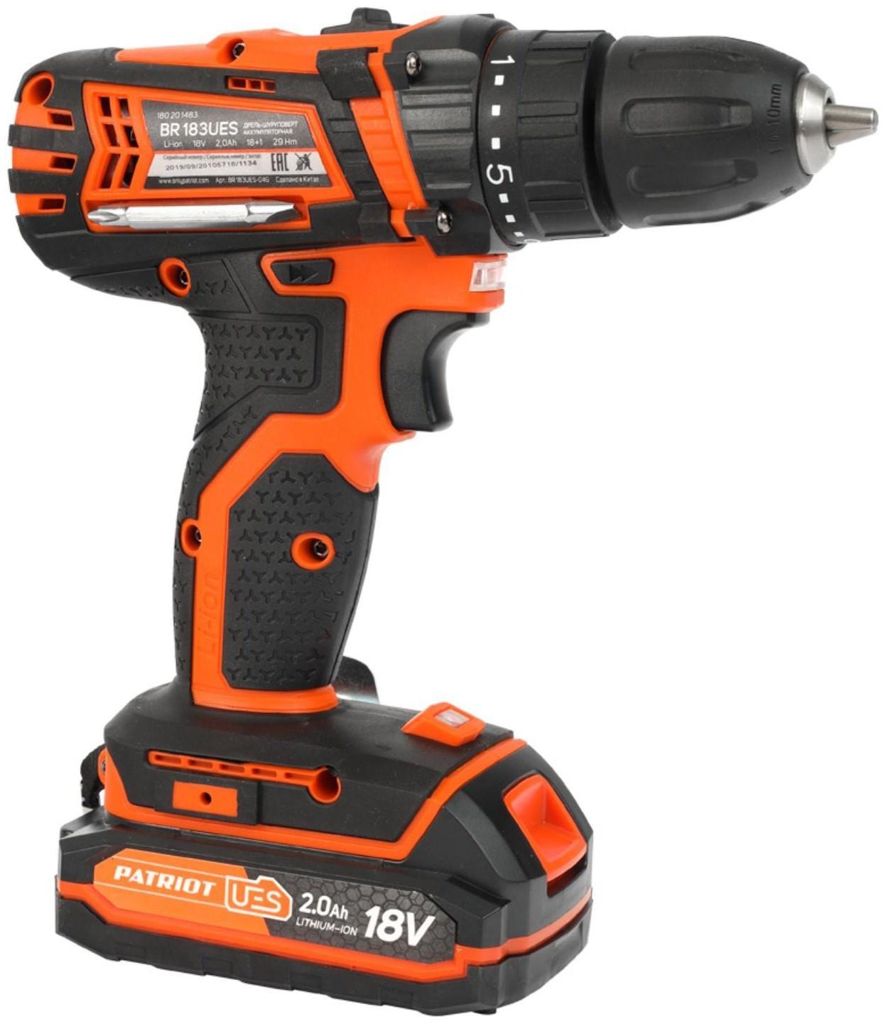 Дрель-шуруповерт аккумуляторная PATRIOT BR183UES, 18 В, Li-Ion, 1х2 Ач, 29 Нм, 1350 об/мин