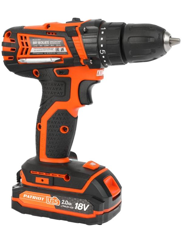 Дрель-шуруповерт аккумуляторная PATRIOT BR183UES, 18 В, Li-Ion, 1х2 Ач, 29 Нм, 1350 об/мин