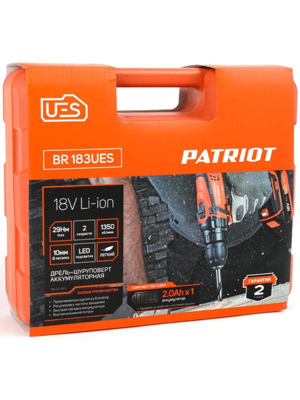 Дрель-шуруповерт аккумуляторная PATRIOT BR183UES, 18 В, Li-Ion, 1х2 Ач, 29 Нм, 1350 об/мин
