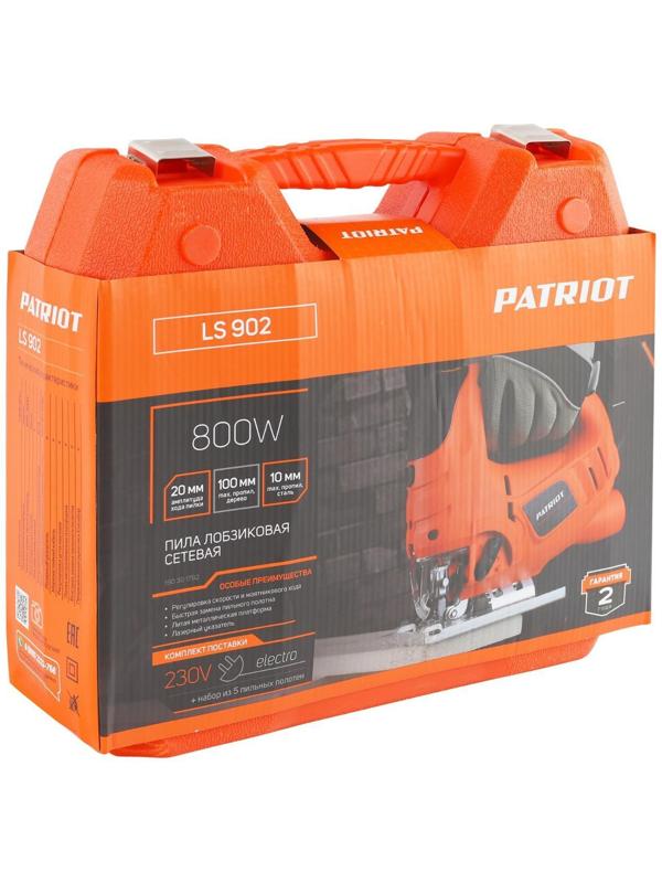 Лобзик PATRIOT LS902, 800 Вт, 800-3000 ход/мин, пропил 100 мм, кейс, литая платформа
