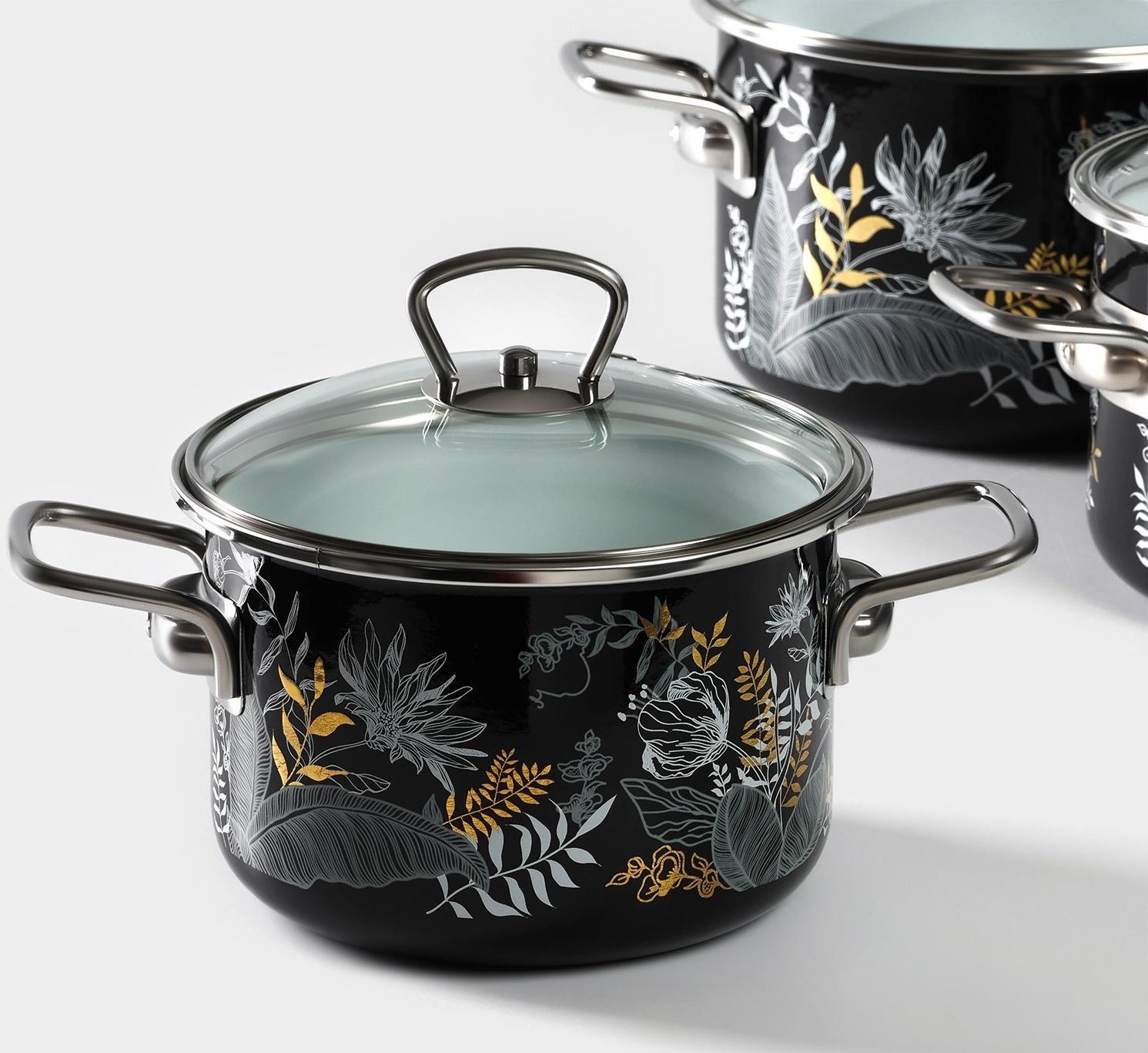 Набор кастрюль Magia, 2 л, 3 л, 4 л, стеклянная крышка, индукция, чёрный