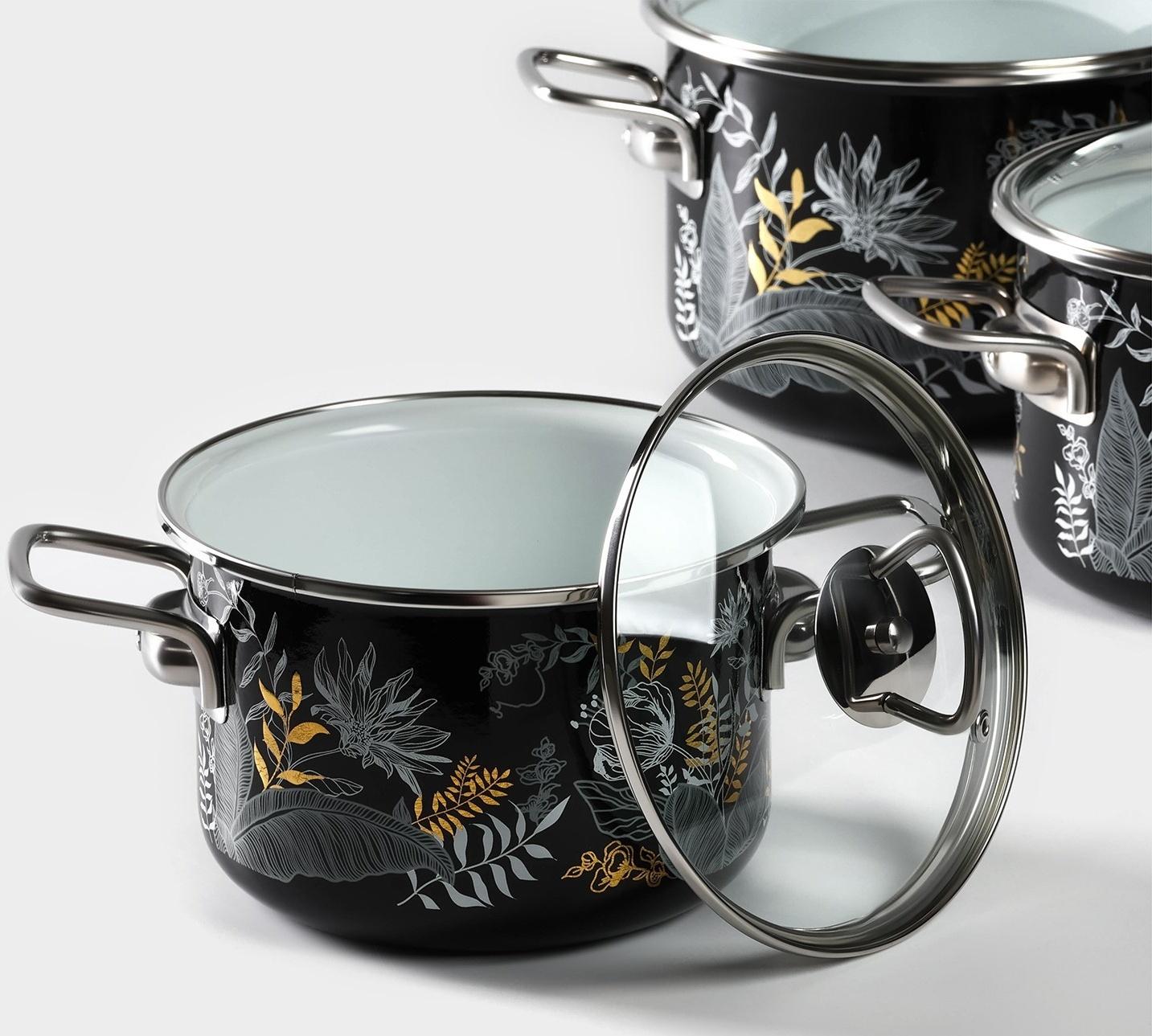 Набор кастрюль Magia, 2 л, 3 л, 4 л, стеклянная крышка, индукция, чёрный