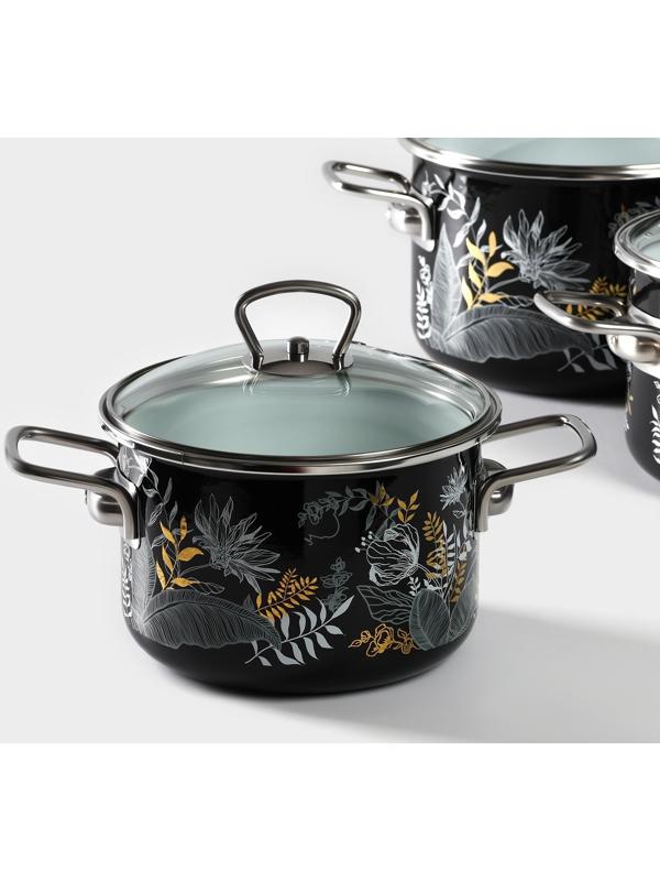 Набор кастрюль Magia, 2 л, 3 л, 4 л, стеклянная крышка, индукция, чёрный