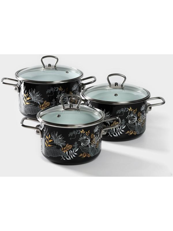 Набор кастрюль Magia, 2 л, 3 л, 4 л, стеклянная крышка, индукция, чёрный