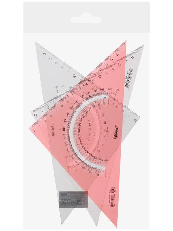 Набор треугольников 3 шт. Calligrata 45* катет 18 см, с транспортиром, прозрачные