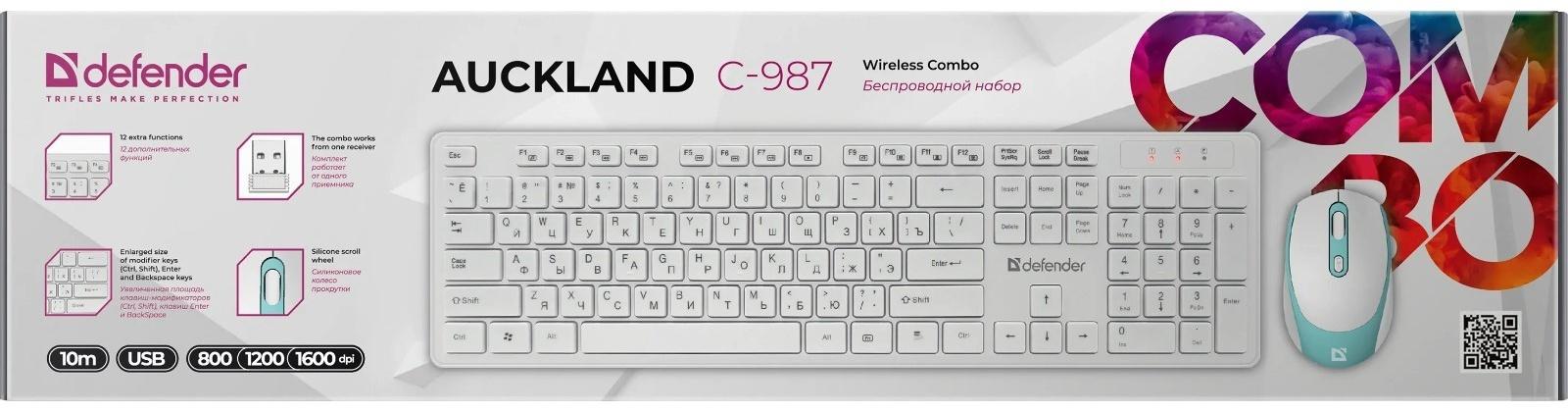 Комплект клавиатура и мышь Defender Auckland C-987,беспроводной,мембран,1600 dpi,USB,белый