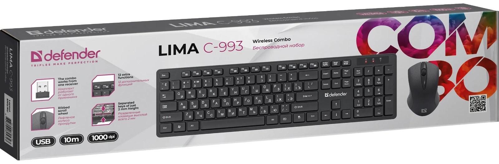 Комплект клавиатура и мышь Defender Lima C-993,беспроводной,мембран,1000 dpi,USB,черный