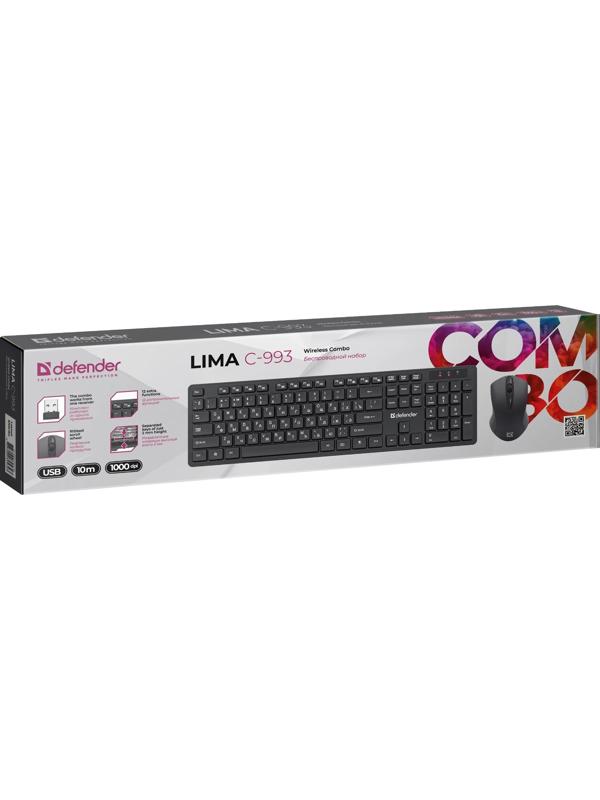 Комплект клавиатура и мышь Defender Lima C-993,беспроводной,мембран,1000 dpi,USB,черный