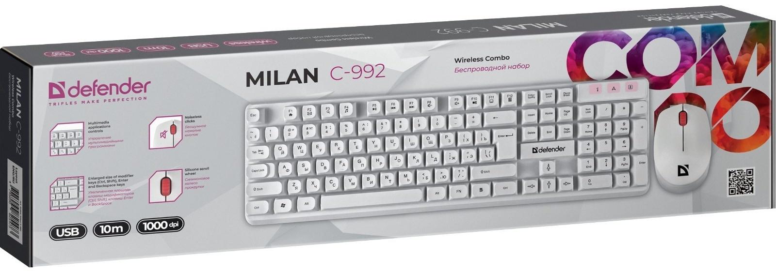 Комплект клавиатура и мышь Defender Milan C-992,беспроводной,мембран,1000 dpi,USB,белый
