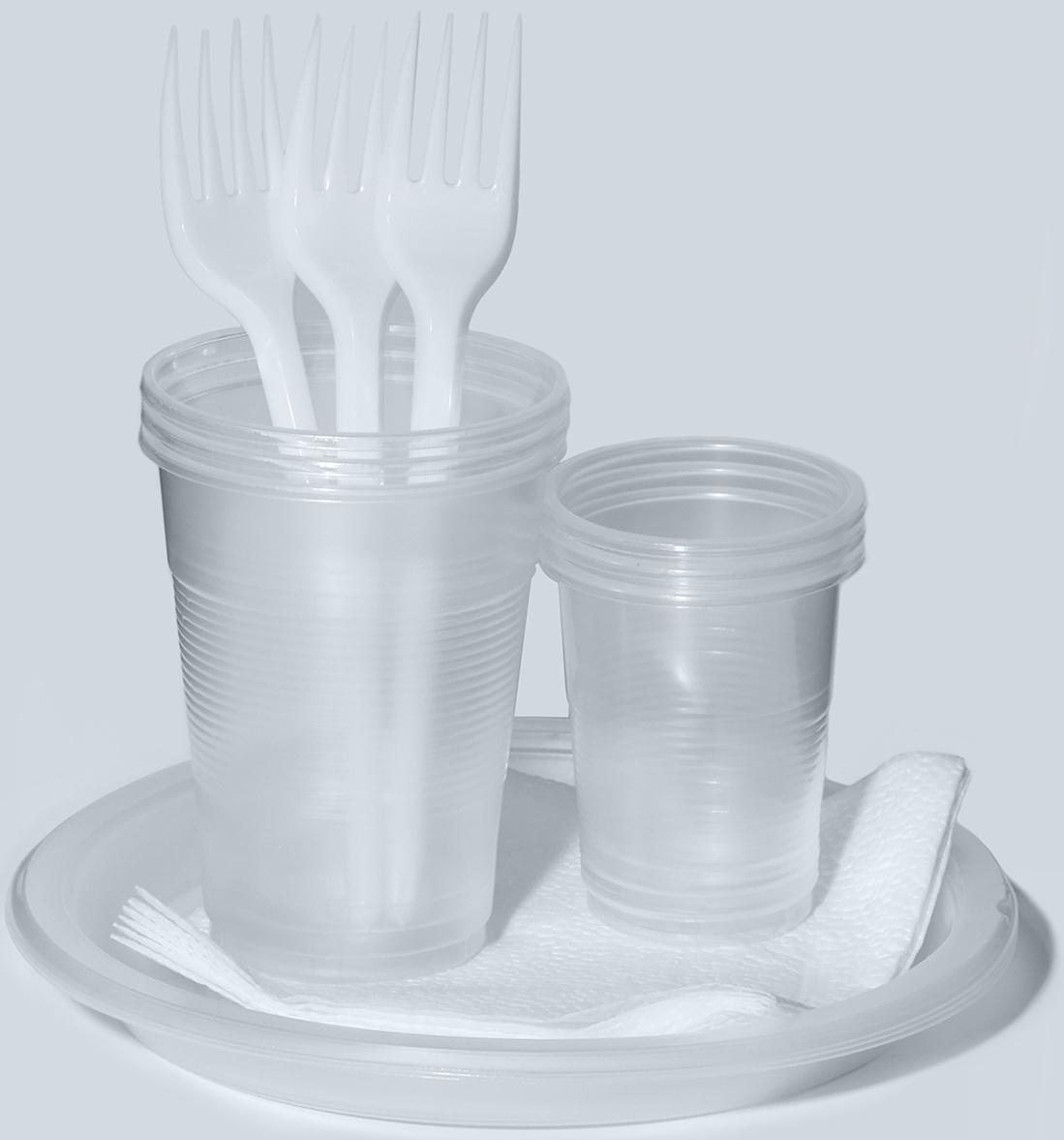 Набор одноразовой посуды на 3 персоны,стакан 200 мл,стопка 100 мл,тарелка d=165,вилка,салфет 1046952