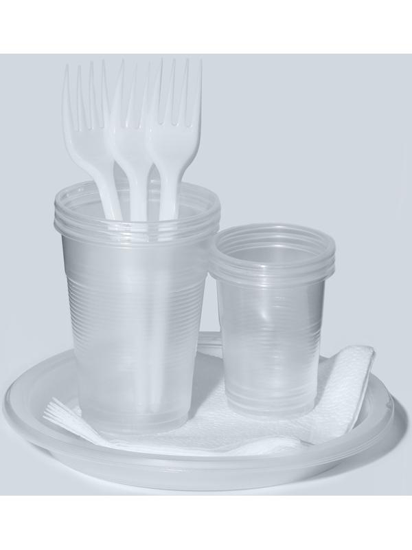 Набор одноразовой посуды на 3 персоны,стакан 200 мл,стопка 100 мл,тарелка d=165,вилка,салфет 1046952