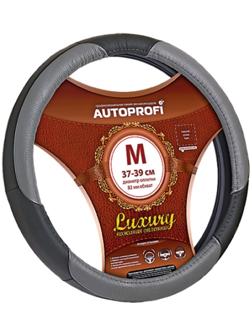 Оплётка руля AUTOPROFI AP-1010 BK/GY (M), серия LUXURY, натуральная кожа, 3 цветных вставки из PU кожи, цвет чёрный/серый