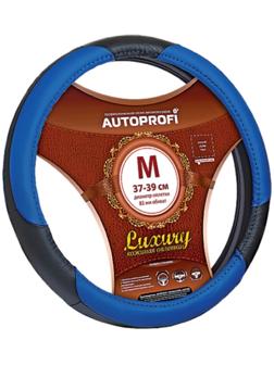 Оплётка руля AUTOPROFI AP-1010 BK/BL (M), серия LUXURY, натуральная кожа, 3 цветных вставки из PU кожи, цвет чёрный/синий