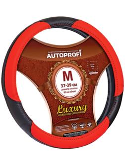 Оплётка руля AUTOPROFI AP-1010 BK/RD (M), серия LUXURY, натуральная кожа, 3 цветных вставки из PU кожи, цвет чёрный/красный