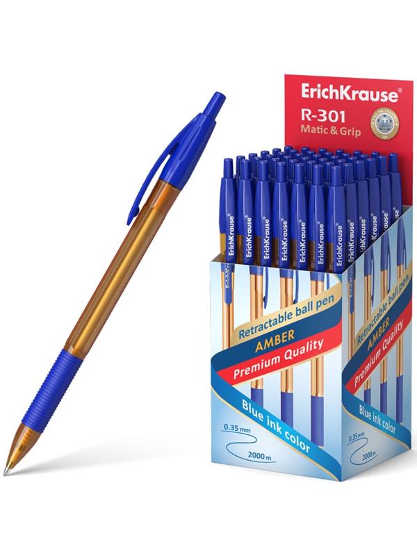Ручка шариковая автоматическая, ErichKrause, R-301 Matic&Grip Amber узел 0.7 мм, синяя