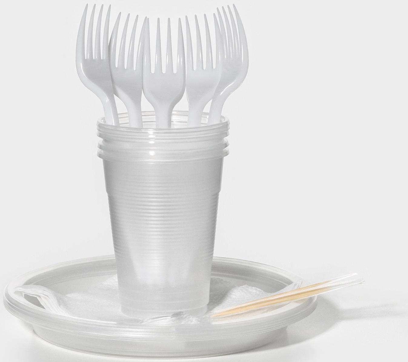 Набор одно разовой посуды на 5 персон, стакан 200 мл, вилки, тарелки плоские d=16,5 см, зубачистки, бумажные салфетки