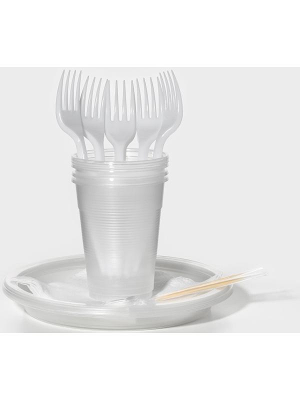 Набор одно разовой посуды на 5 персон, стакан 200 мл, вилки, тарелки плоские d=16,5 см, зубачистки, бумажные салфетки