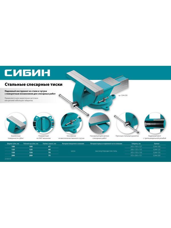 СИБИН 200 мм, Стальные слесарные тиски (3244-200)