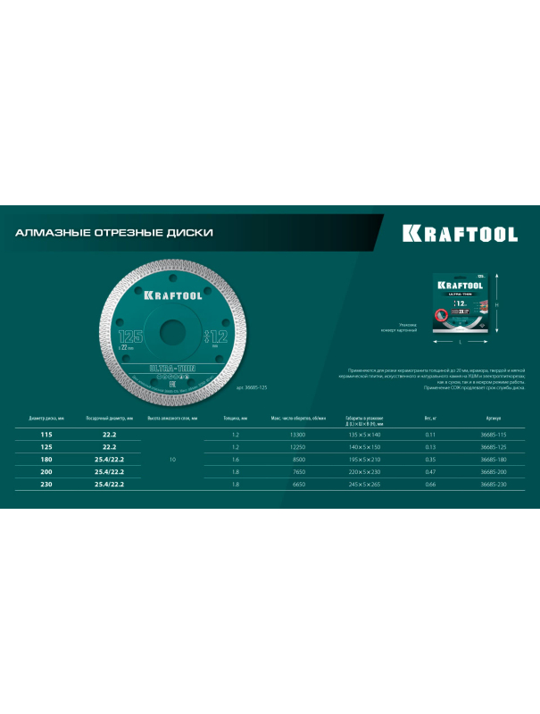 Диск отрезной алмазный Kraftool ULTRA-THIN 36685-115, ультратонкий / 115х1.2 мм.