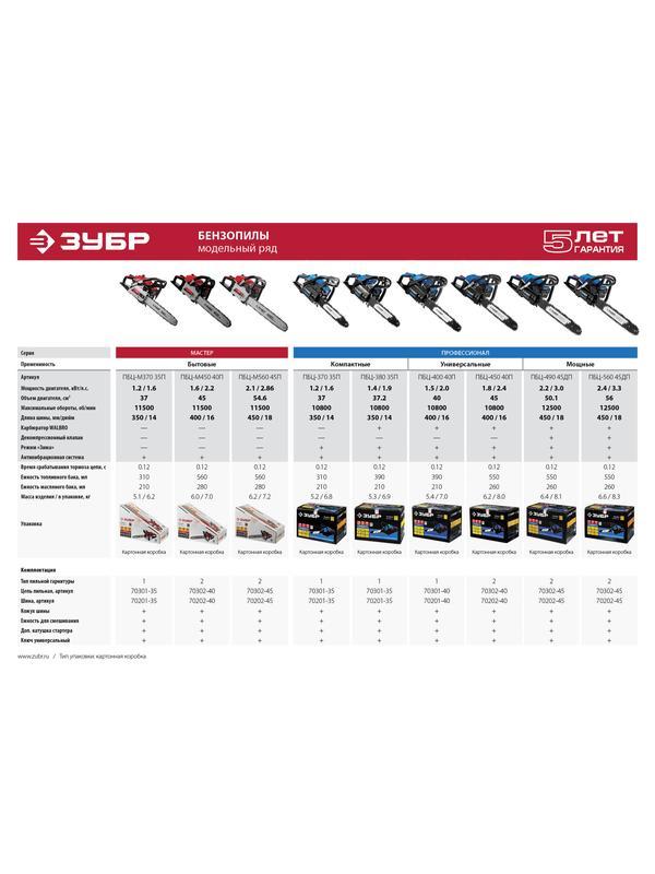 Пила цепная бензиновая, ЗУБР ПБЦ-М560 45П, хромир. цилиндр, праймер, 54,6 см3 (2,1 кВт), шина 45 см, 11500 об/мин
