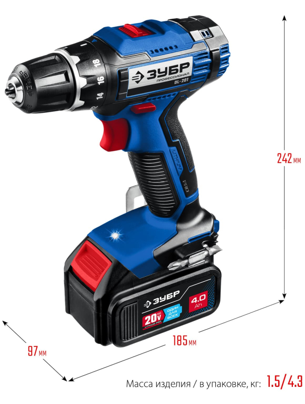 Дрель-шуруповерт аккумуляторная ЗУБР Т7 DL-201-42, 20 В, 50 Н·м, 2 АКБ (4 А·ч)