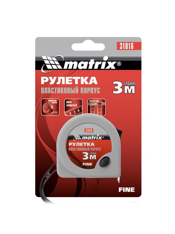 Рулетка Fine,3 м х 16 мм,пластиковый корпус Matrix